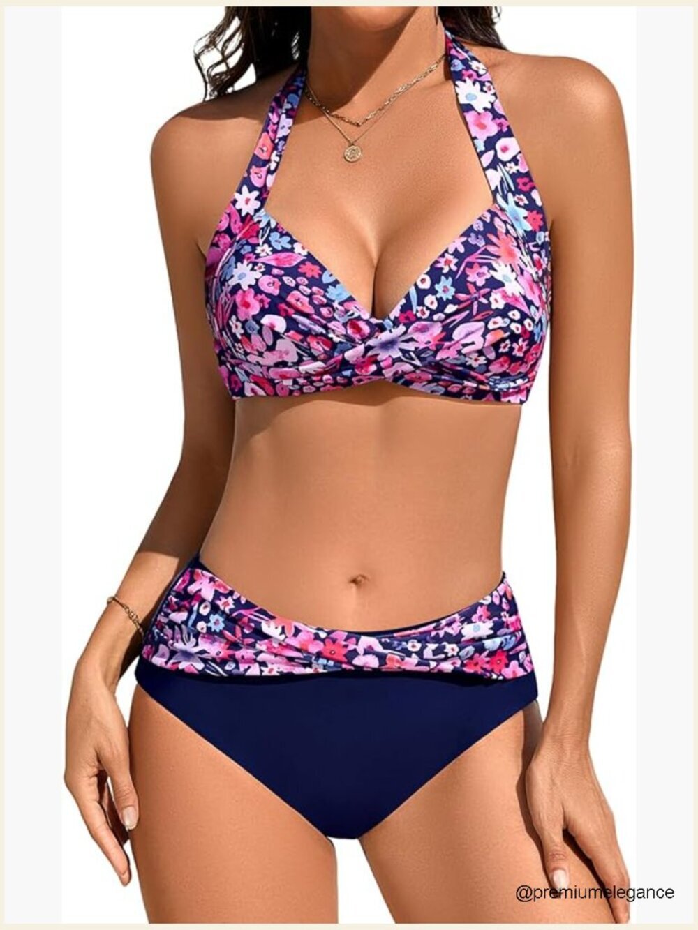 Halter Neck High Waisted Bikini Set with Removable Push Up Pads Tummy Control